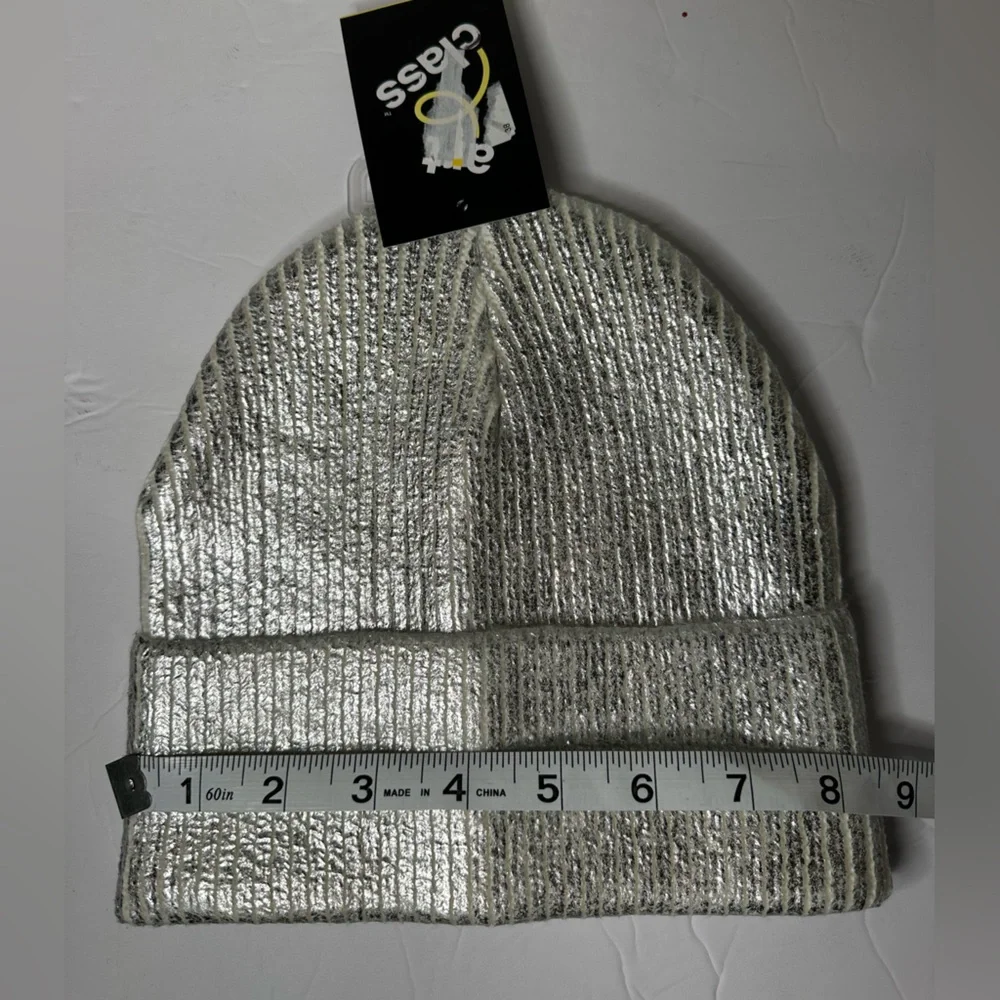 Art Class Silver Metallic Rib‎ Knit Cuffed Beanie Hat OSFM NWT